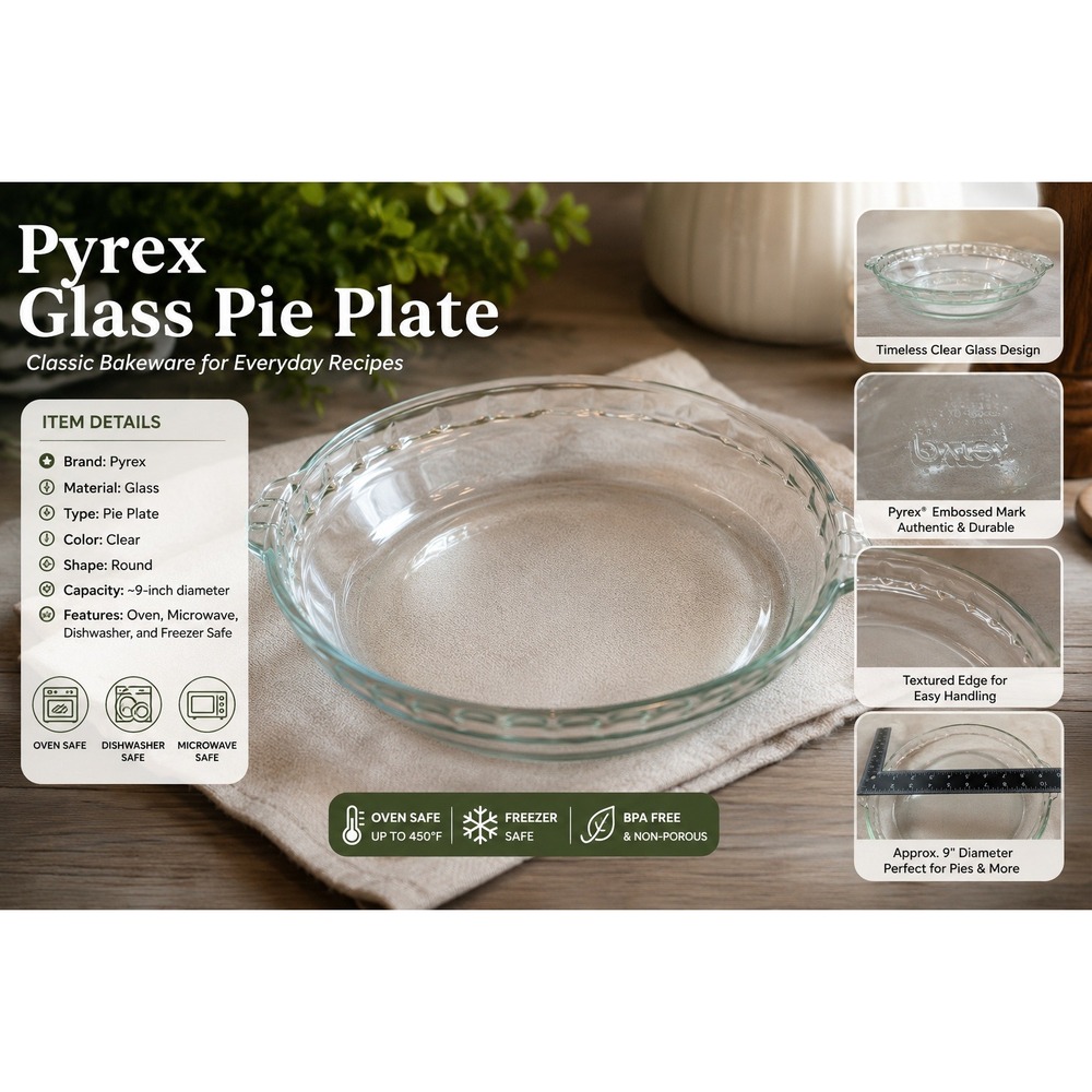 Pyrex Clear Glass 9.5 Inch Scalloped Pie Plate with Handles 209 Fluted Dish